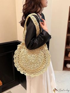 Color: Beige, Size: one-size Chic Beige Crochet Shoulder Bag, Beige Crochet Shoulder Bag With Large Capacity, Beige Crochet Satchel With Large Capacity, Beige Straw Shoulder Bag, Large Cream Satchel Straw Bag, Beige Large Capacity Crochet Shoulder Bag, Trendy Beige Handheld Crochet Bag, Large Capacity Beige Crochet Satchel Bag, Cream Large Capacity Satchel Straw Bag