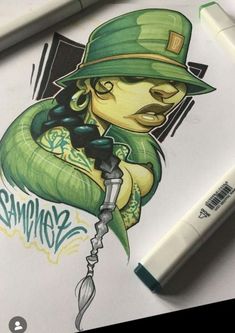 a drawing of a person wearing a green hat with a snake wrapped around it's neck