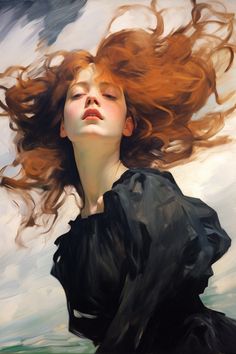 a painting of a woman with red hair flying through the air and her eyes closed