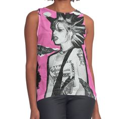 Women's sleeveless tank with vivid edge-to-edge sublimation print on front. Spliced materials for comfort. Front panel made from silky chiffon and solid color black or white jersey back. Sizes available XS- 2XL. BRODY DALLE THE DISTILLERS T-SHIRT MERCH Summer Punk Style Vest Top, Edgy Pink Summer Tops, Summer Sublimation Print Sleeveless Tank Top, Sleeveless Tops With Sublimation Print For Summer, Sleeveless Sublimation Print Tank Top For Summer, Summer Sleeveless Tank Top With Sublimation Print, Sleeveless Cotton Top With Sublimation Print, Pink Punk Style Summer Tops, Edgy Sleeveless Summer Tops