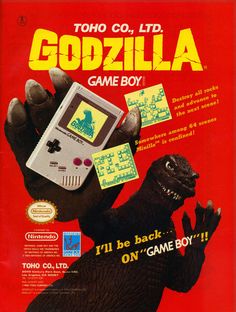 an advertisement for the game boy, godzilla