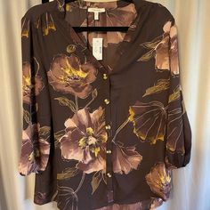 New With Tags Super Cute From Maurices Brown Floral Print Tops For Workwear, Brown Floral Print Tops For Work, Elegant Brown Blouse With Floral Print, Elegant Brown Floral Print Blouse, Elegant Brown Tops With Floral Print, Elegant Brown Floral Print Top, Red Halter Top, Maurices Plus Size, Chiffon Shorts