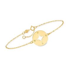 Ross-Simons - Italian 14kt Yellow Gold North Star Cut-Out Disc Bracelet. 6.5". Explore your sense of wonder with this meaningful North Star cut-out bracelet that shines in polished 14kt yellow gold. Compass directions are etched in a glowing 1/2" disc that centers a cable chain and finishes with a springing clasp. Would make a special gift for a friend, graduate or any dreamer that looks to the night sky for inspiration. Made in Italy. 14kt yellow gold North Star cut-out disc bracelet. Compass Directions, Star Cut Out, Disc Bracelet, North Star, Cable Chain, Cut Out, The Dreamers, Special Gifts, Gold Bracelet