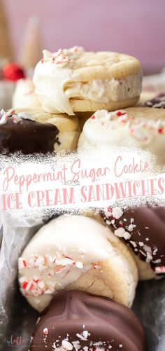 a pile of peppermint and sugar cookie ice cream sandwiches