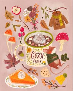 a painting of food and flowers on a pink background with the words cozy time written in it