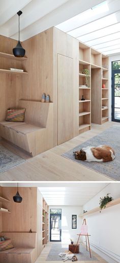 two pictures of a living room with shelves and a dog laying on the floor