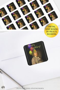 an envelope with some stickers on it and the words happy birthday written in black