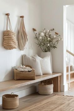 Foyer Furniture - Smart & Stylish Functional Entryway Ideas Console Table Bench, Island Bench Decor, Modern Boho Entryway Table, Beach Entryway Ideas, Entranceway Bench Ideas, Calm Entryway, Boho Entryway Ideas With Bench, Front Entry Room Ideas, Front Room Ideas Entryway