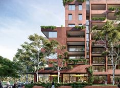 an artist's rendering of a building with trees and people walking on the sidewalk