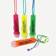 three fluorescent colored lighters with lanyard cord attached to the ends and two small tubes on each end