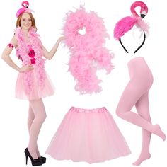 a woman in pink is standing next to two flamingos, one wearing a tutu and