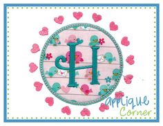 the letter h is made up of hearts and birds in pink, green, blue, and white