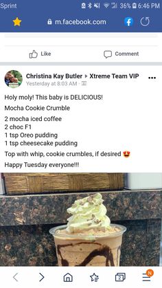 the facebook page shows an image of a drink with whipped cream on top and chocolate icing