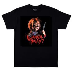 Chucky Child's Play T-Shirt S-Xl Black Pre-shrunk Pop Culture Shirt, Pop Culture Black T-shirt For Fan Merchandise, Black Pop Culture T-shirt For Fan Merchandise, Black T-shirt With Front Print For Fans, Black Crew Neck T-shirt With Pop Culture Style, Black Short Sleeve T-shirt Pop Culture, Black T-shirt With Pop Culture Sublimation Print, Black Graphic Tee For Fan Merchandise, Play Tshirt