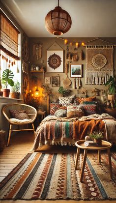 a bed room with a neatly made bed and lots of decor on the wall above it