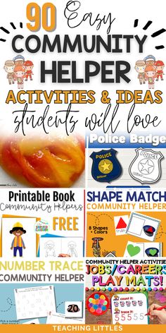 an image of children's activities and crafts with text overlay that reads 90 easy community helper activities & ideas for students with love