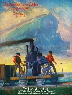 an advertisement for the baltimore and ohio magazine featuring two men standing on top of a train