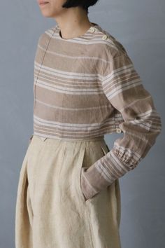 "SASAKI-CHIHO(Antique fabric) \"Antique linen long sleeves stripe beige blouse, short length\"  Handmade by Chiho Sasaki Material:Antique linens, from France. Color: Stripe Size: Shoulder to shoulder : 18.8 inch (48 cm) Shoulder to cuff: 21.2 inch (54 cm) Chest measurement :41.7 inch(106 cm) Dress length: 12.5 inch (32 cm) Model:5'2\"(157 cm) Thank you" Striped Linen Long Sleeve Tops, Striped Long Sleeve Linen Tops, Cream Linen Long Sleeve Blouse, Cream Long Sleeve Linen Blouse, Long Sleeve Cream Linen Blouse, Vintage Beige Linen Blouse, Beige Blouse, Antique Fabrics, Antique Linens