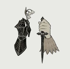 a hand holding a knife next to a corset with a flower on it