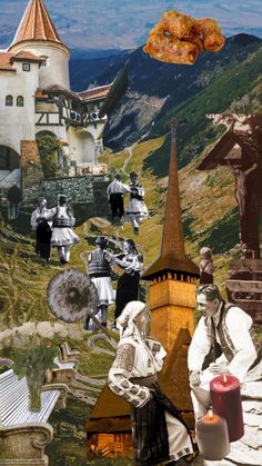 an artistic collage with people and buildings in the background, including a church steeple