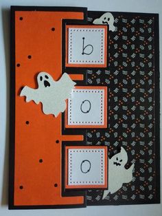 an orange and black halloween card with ghostes on it, which reads d is for o