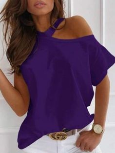 Trendy Purple Solid Color Top, Trendy Solid Purple Top, Summer Crew Neck Blouse In Purple, Summer Purple Blouse With Crew Neck, Purple Crew Neck Blouse For Summer, Plain Purple Top For Spring, Chic Purple Short Sleeve Tops, Purple Stretch Casual Blouse, Casual Stretch Purple Blouse