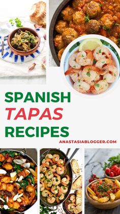 spanish tapas recipe collage with pictures of different dishes and ingredients in them, including shrimp, praw