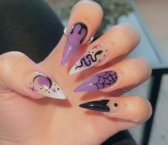 Witchy Nails, Halloween Acrylic Nails, Punk Nails, Anime Nails, Goth Nails, Grunge Nails, Dope Nails, Nail Arts, Purple Nails