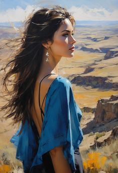 a painting of a woman with long hair and blue shirt looking out over the desert