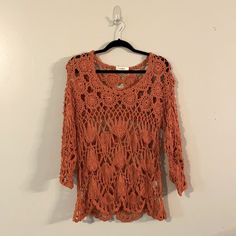 Rust Colored Open-Weave Crochet Top From Umgee. Never Worn So Condition Is Like New. The Top Is A Large But Runs On The Small Side. Bohemian Lace Crochet Top For Fall, Fitted Bohemian Open Knit Lace Top, Bohemian Fitted Lace Top With Open Knit, Fitted Bohemian Lace Top With Open Knit, Fall Lace Crochet Top With Crochet Trim, Fall Crochet Lace Top With Crochet Trim, Spring Bohemian Crochet Top With Pointelle Knit, Bohemian Spring Pointelle Knit Crochet Top, Bohemian Stretch Crochet Top With Open Knit