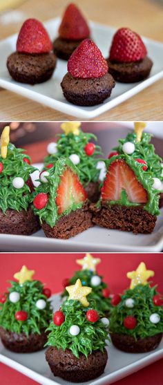 chocolate cupcakes decorated like christmas trees and strawberries