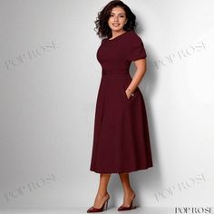 Womens Round Neck Dress with Elegant Cinched Waist and Flared Bubble Sleeves Red Solid Workwear Dress, Burgundy Knee-length Workwear Midi Dress, Burgundy Knee-length Midi Dress For Work, Round Neck Dress, Bubble Sleeve, Sleeves Clothing, Round Neck Dresses, Types Of Skirts, Cinched Waist