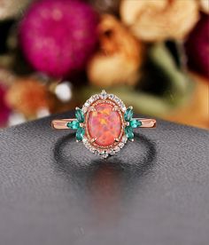 Guess your favorite Ring：https://www.etsy.com/listing/699139357 https://www.etsy.com/listing/938521537 ★ Settings ☆ Metal: 14K / 18K Solid Gold  ☆ Gold Color: Rose / White / Yellow ★ Main Stone ☆ Type: Lab Opal ☆ Shape: Oval Cut ☆ Size: 8*6 mm ★ Side Stones ☆ Type: Moissanite ☆ Total Carat Weight: approx 0.098 ct ☆ Shape: Round ☆ Color: DEF ☆ Clarity: VVS-VS ☆ Type: Lab Emerald ☆ Total Carat Weight: approx 0.162 ct ☆ Shape: Marquise ▷ Weight of gold: about 3.33 g ▷ Band width: 1.8 mm ▷ Band Thic Black Opal Engagement Ring Set, Large Oval Opal Ring, Unique Gemstone Engagement Rings, Engagement Ring Opal, Opal Wedding Ring, Boho Jewels, Cute Engagement Rings, Ring Marquise, Engagement Ring Rose Gold