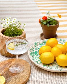 there are lemons on the table next to some wine glasses and potted plants