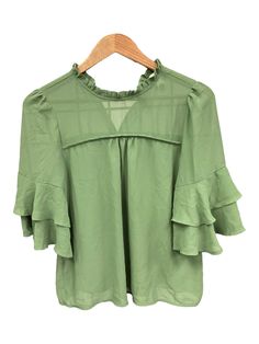 Brand: MONTEAU Style: BLOUSE 3/4 SLEEVE Color: SAGE Size: S Other Info: 100%POLYESTER SKU: 129-9043-1901 CONDITION: GENTLY USED Green 3/4 Sleeve Shirt For Spring, Green Half Sleeve Summer Tops, Green Half-sleeve Blouse For Spring, Light Green Short Sleeve Tops For Spring, Green Half Sleeve Blouse For Spring, Casual Green Half Sleeve Blouse, Green Half Sleeve Blouse For Summer, Chic Green Half-sleeve Blouse, Green V-neck Shirt For Spring