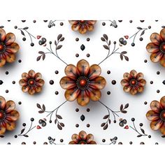 an abstract floral pattern with orange and brown flowers on a white background that looks like it has been made out of paper