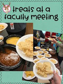 there are many plates with food on them and the words treats at a faculty meeting