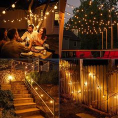 several pictures of people sitting at a table with lights strung over them and on the fence