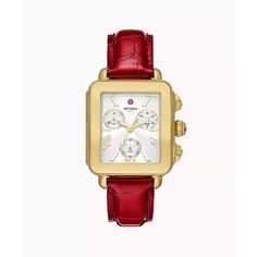 Michele Watch Deco Sport Gold Plated Watch Timeless Yellow Gold Chronograph Watch Accessories, Luxury Gold Watch Band For Anniversary, Luxury Gold Watch Bands For Anniversary, Gold Timeless Chronograph Watch Accessories, Timeless Gold Chronograph Watch Accessories, Gold Chronograph Watch Accessories As Gift, Gold Chronograph Watch Accessories As A Gift, Classic Gold Chronograph Watch Accessories, Classic Red Chronograph Watch For Formal Occasions