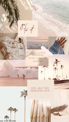 a collage of photos with palm trees, surfboards and the ocean in it