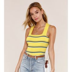 The Viva Tank Has Chunky Straps With A Straight Neckline That Hugs Your Frame. Style Your Viva Tank With Boyfriend Jeans Or High-Waisted Shorts For An Easy Look Fitted Yellow Summer Tank Top, Fitted Yellow Tank Top For Summer, Yellow Summer Tank Top For Day Out, Trendy Yellow Tank Top, Yellow Fitted Casual Tank Top, Casual Fitted Yellow Tank Top, Trendy Yellow Beach Tank Top, Trendy Yellow Tank Top For Beach, Trendy Yellow Tank Top For Vacation