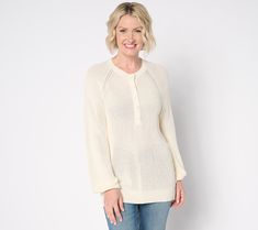 Just another top? Hardly. Designed with raglan-style blouson sleeves and a button-front henley style, this lovely sweater knows how to turn heads. From Belle by Kim Gravel. White Henley For Fall, Kim Gravel, Blouson Sleeve, How To Turn, Sweater Sleeves, Sweater Fashion, Hoodie Top, Sleeve Sweater, Fit And Flare