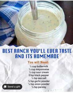 the recipe for homemade ranch is in a jar with a straw sticking out of it