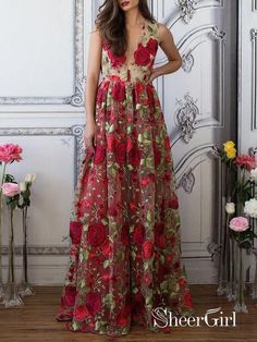 Red Floral Prom Dresses Embroidery See Through Elegant Formal Dresses ARD1338-SheerGirl Elegant Formal Dresses, Prom Dress Elegant, Boho Prom Dress, Boho Prom, Dress Elegant Long, Prom Dresses Elegant, Long Evening Dresses, Floral Prom Dresses, V Neck Prom Dresses