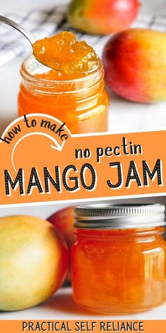 there is a jar of mango jam next to an apple