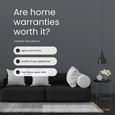 a black and white couch sitting in front of a wall with the words are home warranties worth it?