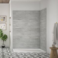 a bathroom with a potted plant in the corner next to a bathtub and shower