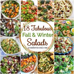 a collage of salads with the words fabulous fall and winter salads on them