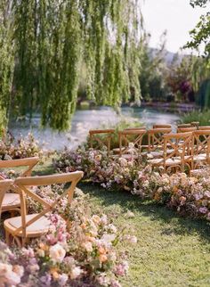 rows of wooden chairs sitting on top of a lush green field next to a river