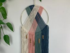 a multicolored macrame hanging on a wall next to a potted plant